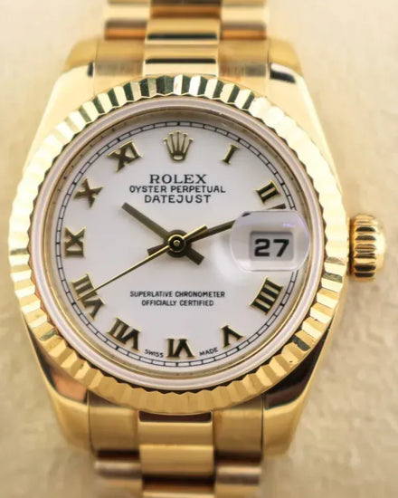 2002 (Y Serial) Rolex Lady-Datejust 26MM White Dial Yellow Gold President Bracelet (179178)