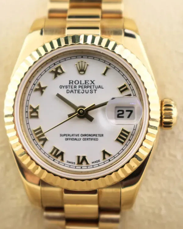 2002 (Y Serial) Rolex Lady-Datejust 26MM White Dial Yellow Gold President Bracelet (179178)