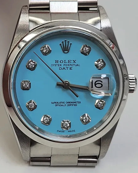 Rolex Oyster Perpetual Date 34MM Aftermarket Blue Dial Oyster Bracelet (15200)