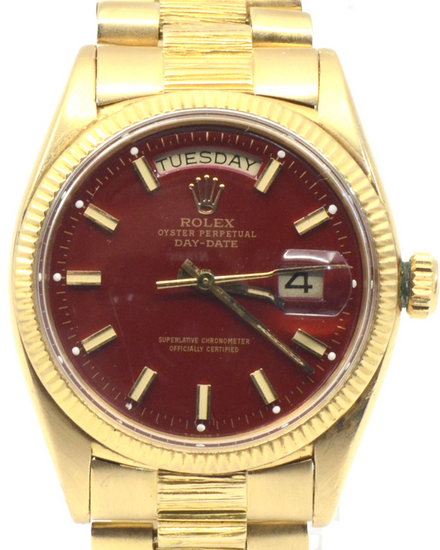 Rolex Day-Date 36MM Aftermarket Red Dial Yellow Gold President "Bark Finish" Bracelet (6611B)