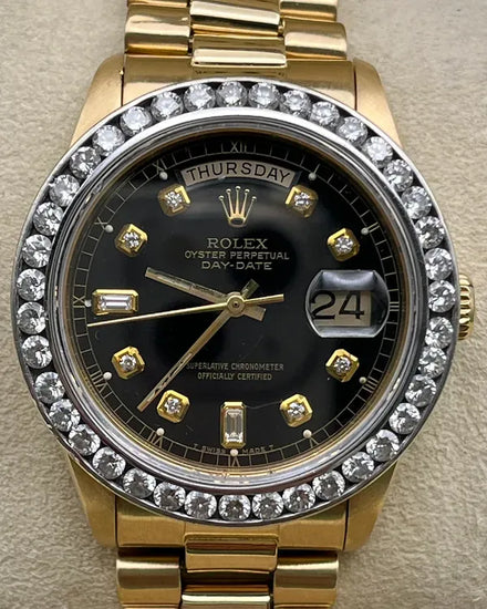 Rolex Day-Date 36MM Aftermarket Black Dial Yellow Gold President Bracelet (18038)