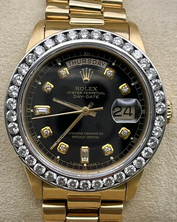 Rolex Day-Date 36MM Aftermarket Black Dial Yellow Gold President Bracelet (18038)