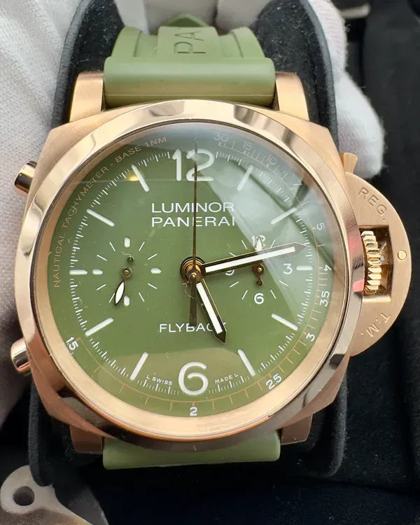 2021 Panerai Luminor 1950 Flyback Chronograph "Mahendra Singh Dhoni" L.E. 44MM Green Dial Rubber Strap (PAM01057)