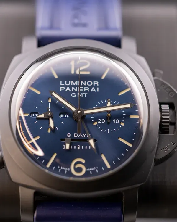 2021 Panerai Luminor 1950 8 Days Chrono Monopulsante GMT 44MM Blue Dial Rubber Strap (PAM01135)