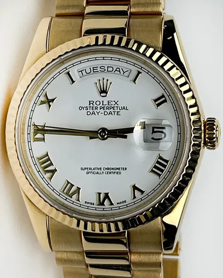 Rolex Day-Date 36MM White Dial Yellow Gold President Bracelet (118208)