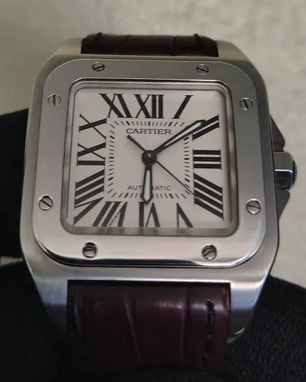 Cartier Santos 100 33MM Silver Dial Leather Strap (W20106X8)
