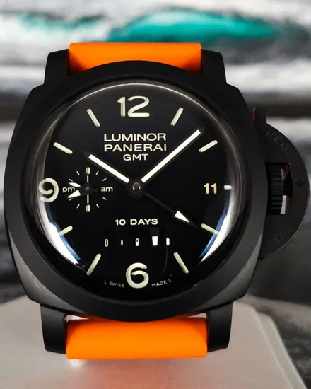 2020 Panerai Luminor 1950 10 Days GMT 44MM Black Dial Aftermarket Rubber Strap (PAM00335)