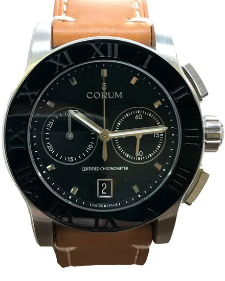 2011 Corum Romvlvs Chronograph 44MMM Black Dial Leather Strap (02.0012)