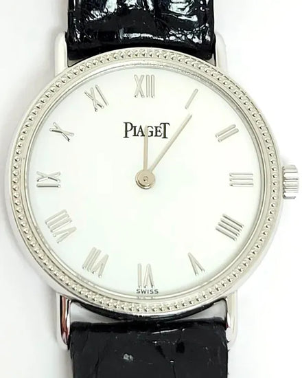 Piaget Vintage 18K Gold 24MM Quartz Silver Dial Leather Strap (8711)