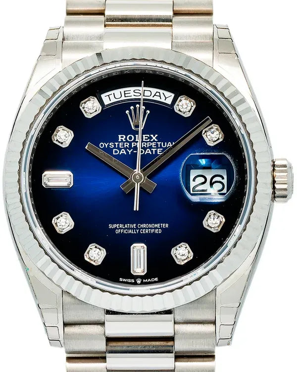 Rolex Day-Date 36MM Ombré Blue Dial White Gold President Bracelet (128239)