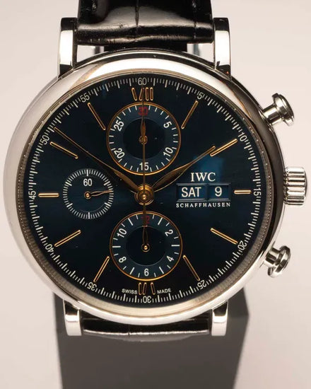 No Reserve - 2022 IWC Schaffhausen Portofino Chronograph 42MM Blue Dial Leather Strap (IW391036)