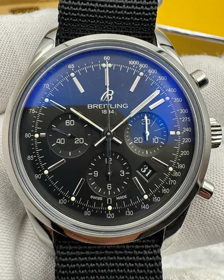 Breitling Transocean Chronograph 43MM Black Dial Aftermarket Textile Strap (AB0152)