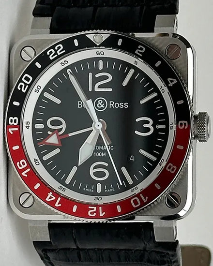No Reserve - Bell & Ross BR 03 93 Aviation GMT "Coke" 42MM Black Dial Leather Strap (BR0393-BL-ST/SCA)