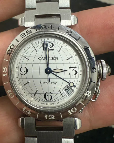 Cartier Pasha De Cartier C GMT 35MM Silver Dial Steel Bracelet (W31078M7)