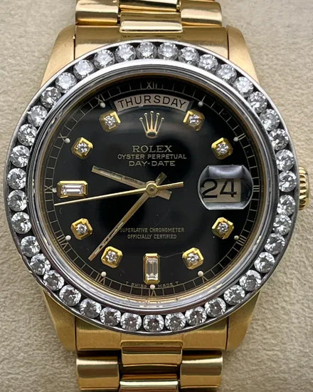 Rolex Day-Date 36MM Aftermarket Black Dial Yellow Gold President Bracelet (18038)