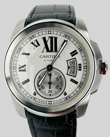 2013 Cartier Calibre de Cartier 42MM Silver Dial Leather Strap (W7100037)