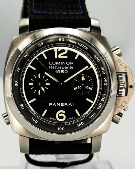 Panerai Luminor 1950 3 Days Chronograph Rattrapante 44MM Black Dial Textile Strap (PAM00213)
