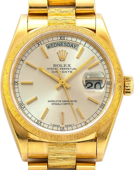 1980 (6.4 Mil Serial) Rolex Day-Date 36MM Silver Dial "Bark-Finish" Yellow Gold President Bracelet (18038)