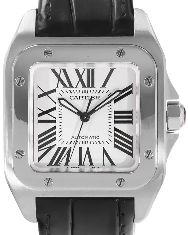 Cartier Santos De Cartier 34MM Silver Dial Leather Strap (W20126X8)