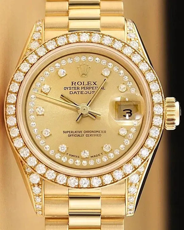 Rolex Lady-Datejust 26MM Champagne "String Diamond" Dial Yellow Gold President Bracelet (69158)