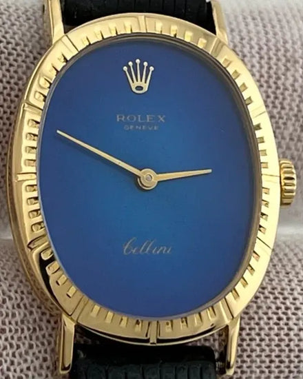 1985 Rolex Cellini Oval 28MM Blue "Vignette" Dial Leather Strap (4047)