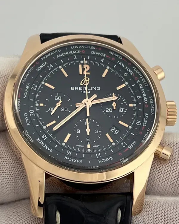 Breitling Transocean Chronograph Unitime 46MM Black Dial Leather Strap (RB0510)