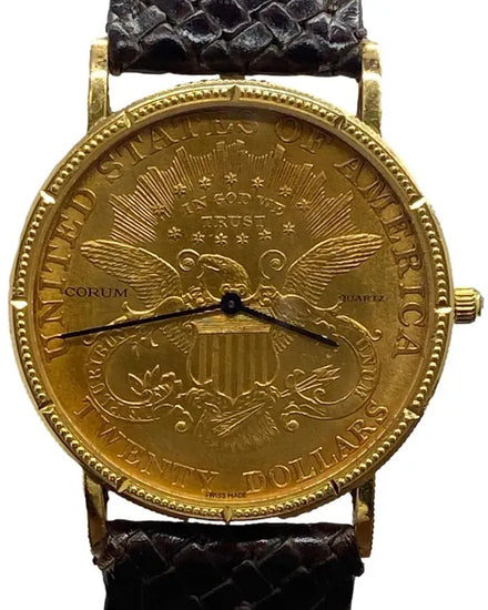 Corum Coin Watch 35MM Quartz Gold Dial Aftermarket Leather Strap (1904)