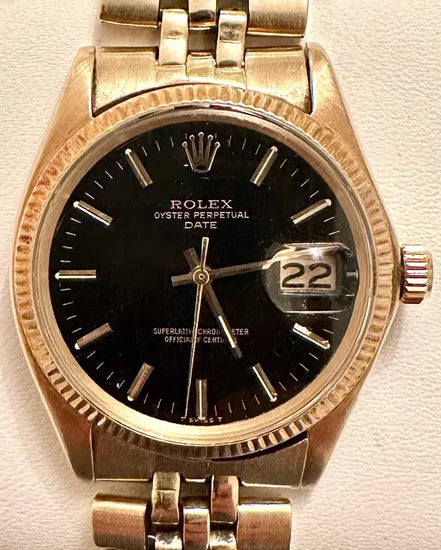 Rare Rolex Oyster Perpetual Date 34MM Black Dial Yellow Gold Jubilee Bracelet (1512)