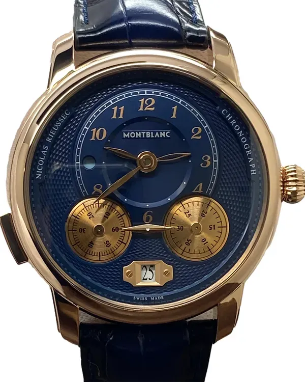 2022 Montblanc Nicolas Rieussec Chronograph Dual Time 44.8MM Blue Dial Leather Strap (126097)