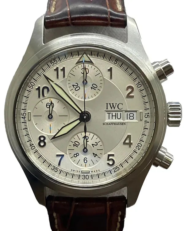 2006 IWC Schaffhausen Pilot Spitfire Chronograph 39MM Silver Dial Leather Strap (IW370623)