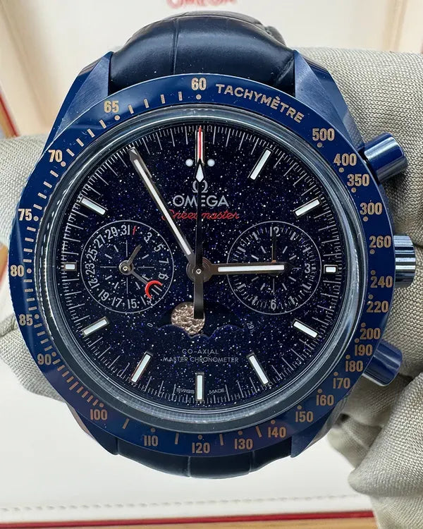 No Reserve - 2023 Omega Speedmaster Moonphase "Blue Side of the Moon" 44.25MM Aventurine Dial Leather Strap (304.93.44.52.03.002)