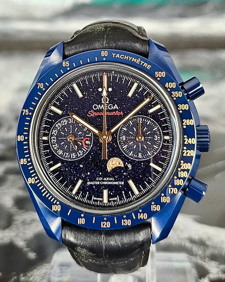 Omega Speedmaster Moonphase "Blue Side of the Moon" 44.25MM Aventurine Dial Leather Strap (304.93.44.52.03.002)