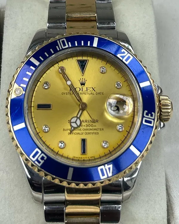 No Reserve - Rolex Submariner "Bluesy" 40MM Champagne "Serti" Dial Two-Tone Oyster Bracelet (16613)