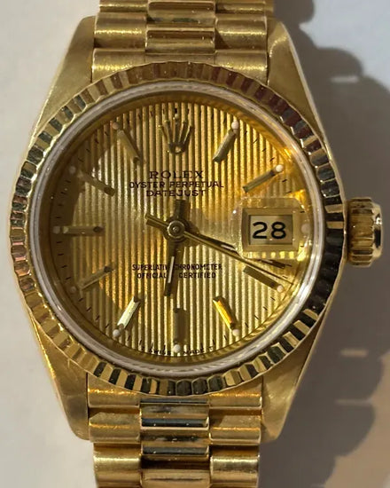 1988 (L Serial) Rolex Lady-Datejust 26MM Champagne "Tapestry" Dial Yellow Gold President Bracelet (69178)