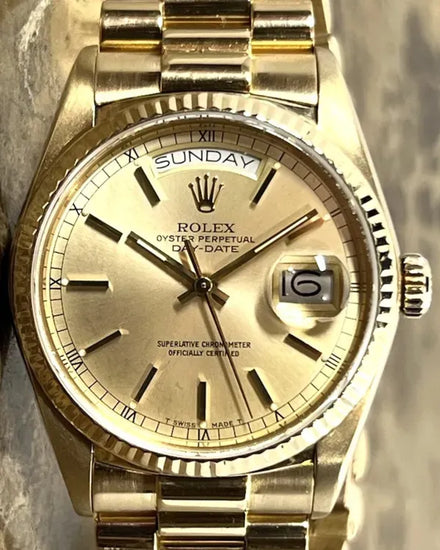 1985 (8.7 Mill. Serial) Rolex Day-Date 36MM Champagne Dial Yellow Gold President Bracelet (18038)
