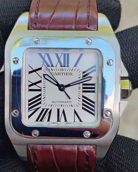 Cartier Santos 100 35.6MM White Dial Leather Strap (W20106X8)