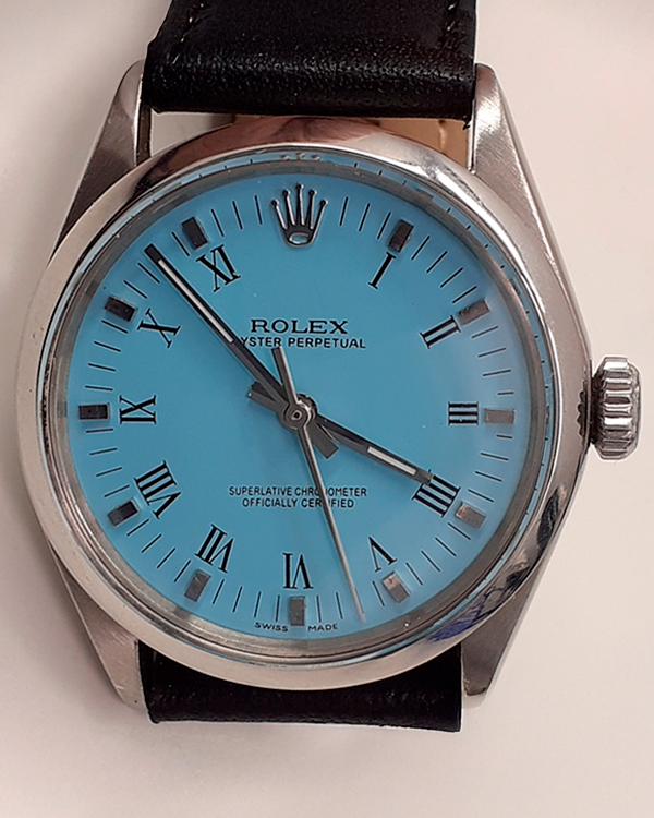 Rolex Oyster Perpetual 34MM Aftermarket Blue Dial Aftermarket Leather Strap (5500)