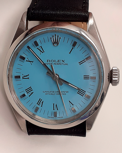 Rolex Oyster Perpetual 34MM Aftermarket Blue Dial Aftermarket Leather Strap (5500)