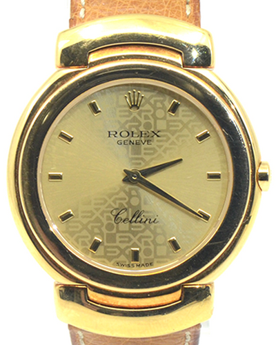 Rolex Cellini 33MM Quartz Champagne "Jubilee Motif" Dial Leather Strap (6622)