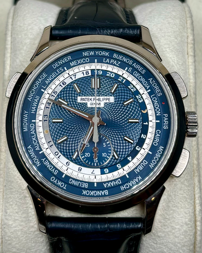 2021 Patek Philippe World Time Chronograph 39.5MM Blue Dial Leather Strap (5930G-010)