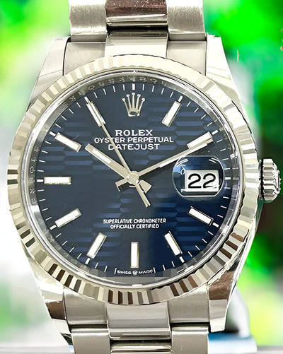 2022 Rolex Datejust 36MM Blue "Fluted" Motif Dial Steel Bracelet (126234)