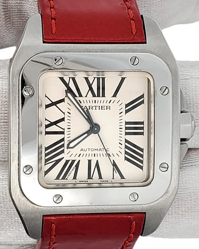 Cartier Santos 100 33MM Silver Dial Leather Strap (W20106X8)