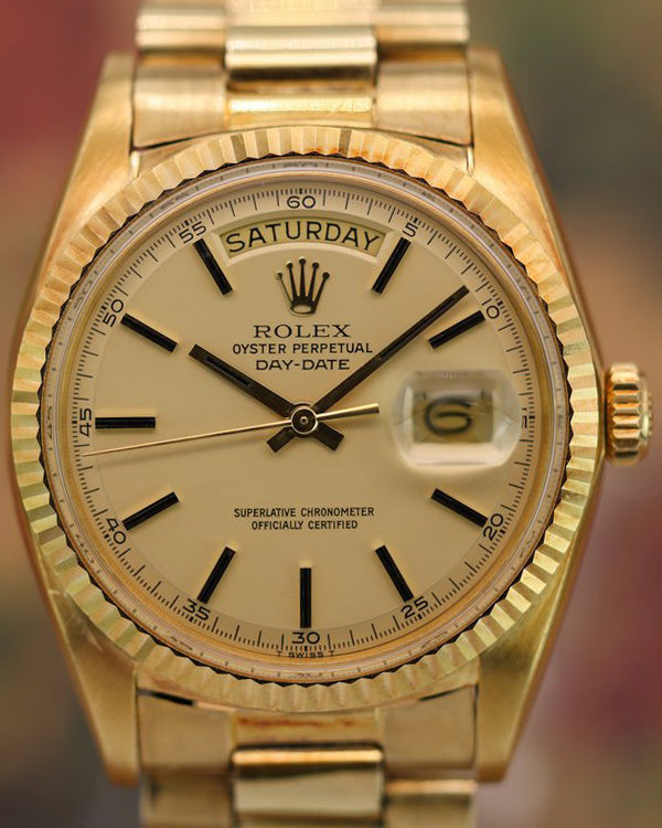 1971 (2.8 Mill. Serial) Rolex Day-Date 36MM No-Lume Satin Champagne Dial Yellow Gold President Bracelet (1803)