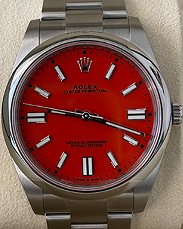 Rolex Oyster Perpetual 41MM Coral Red Dial Oyster Bracelet (124300)