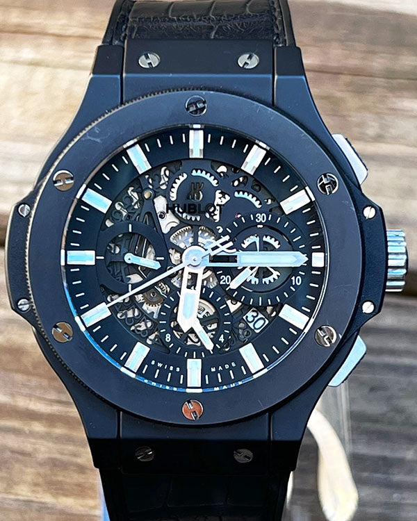 2015 Hublot Big Bang Aero Bang Black Magic 44MM Skeleton Dial Leather/Rubber Strap (311.CI.1170.GR)