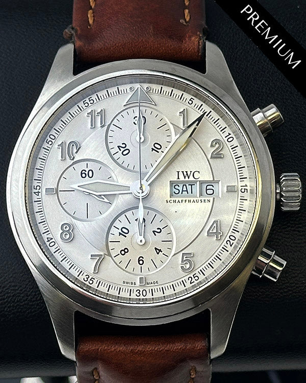 2012 IWC Pilot Spitfire Chronograph 42MM Silver Dial Aftermarket Leather Strap (IW371702)