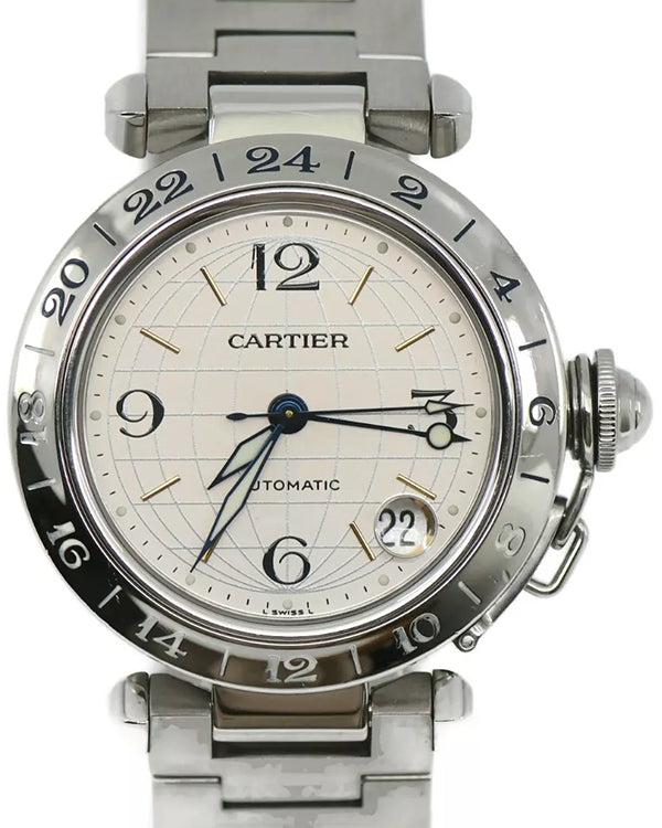 Cartier Pasha De Cartier C Meridian GMT 35MM Silver Dial Steel Bracelet (W31029M7)