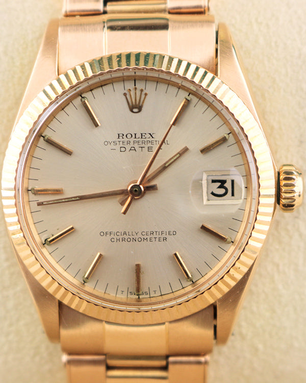 1970 (2.4 Mil Serial) Rolex Oyster Perpetual Date 31MM Silver Dial Rose Gold Oyster Bracelet (6627)