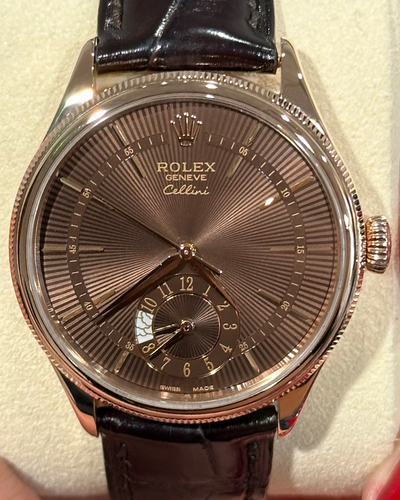 Rolex Cellini Dual Time 39MM Chocolate Dial Leather Strap (50525)