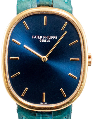 Patek Philippe Golden Ellipse 27MM Quartz Blue Dial Leather Strap (3848J-001)